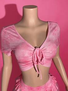 Slaydiva 2025 Spring/Summer New Casual Daily Home Personalized Street Fashion Retro Pink Ombre Snowflake Textured Knit Drawstring Adjustable V-Neck Backless Short Sleeve T-Shirt With Ruffle Hem Shorts Set - Pink - View 5