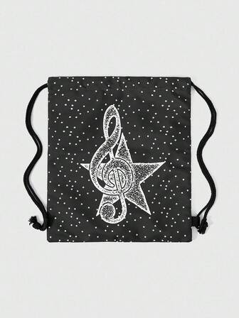 Anime Zaino con coulisse di grande capacità nero con stampa di note musicali e stelle, stile Y2K, zaino casual adatto per scuola, viaggio, shopping