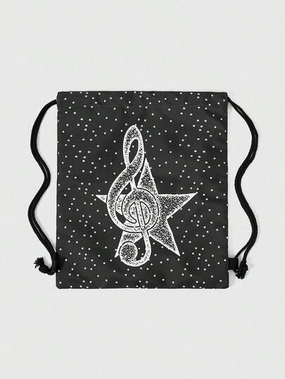 Anime Mochila de cordón negro de gran capacidad con estampado de notas musicales y estrellas, mochila casual con estilo Y2K adecuada para la escuela, viajes y compras