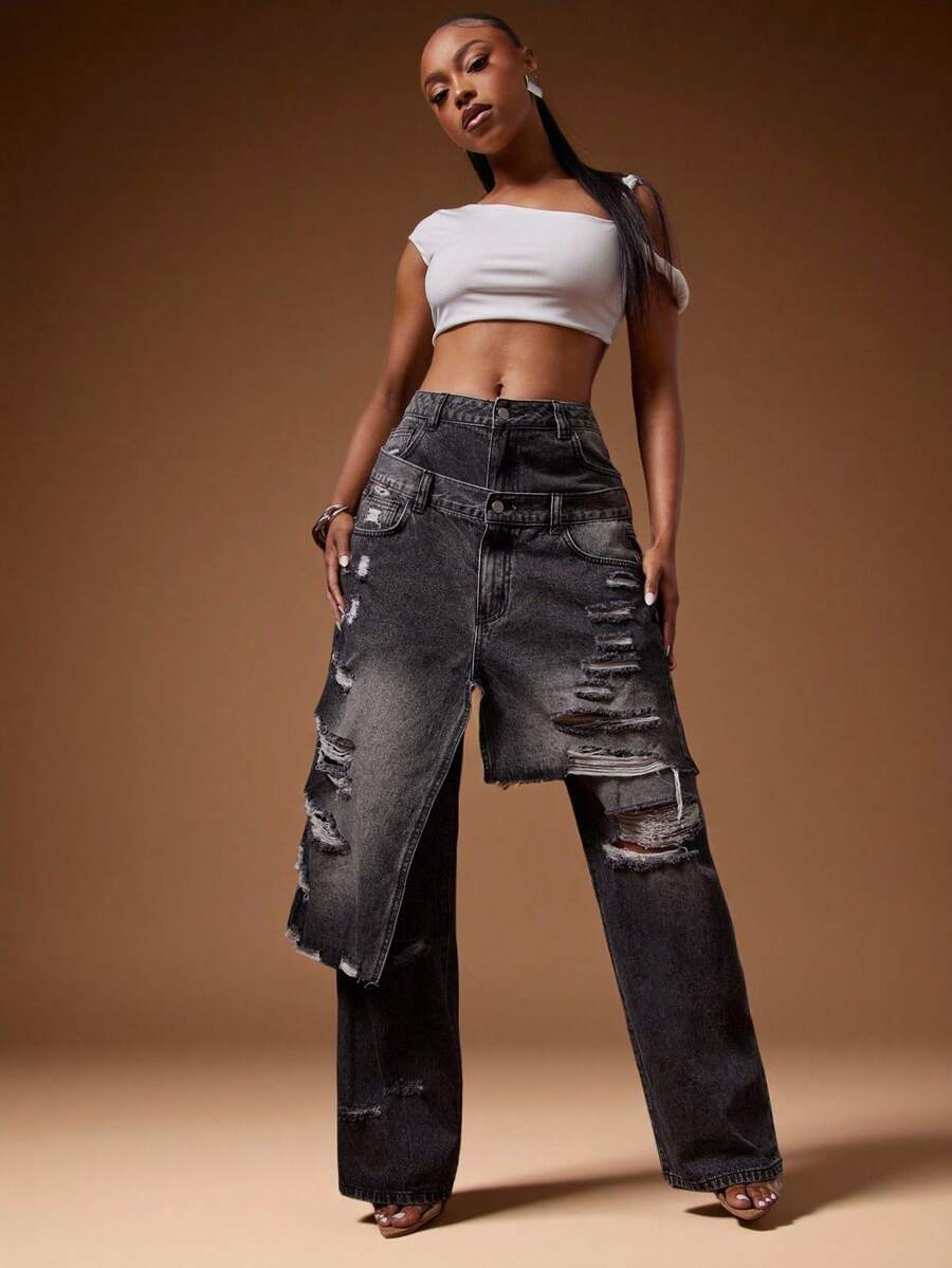 Denimoi 宽松破洞下摆重叠牛仔裤 - 黑色 - 查看 1