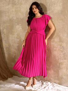 Roveilla Plus Size Women Pleated Dress With Ruffle Sleeves, Short Sleeve, Waist Tie, Chiffon Dress, Suitable For Dates, Commuting, Valentine's Day Fuchsia Dress Pink Dress Pleated Dresses For Women Pink Pleated Dress