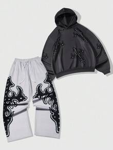 ROMWE MEN Street Life Men's Cross Hoodie And Relaxed Fit Pants Set, Fall Clothes - Multicolor - View 1