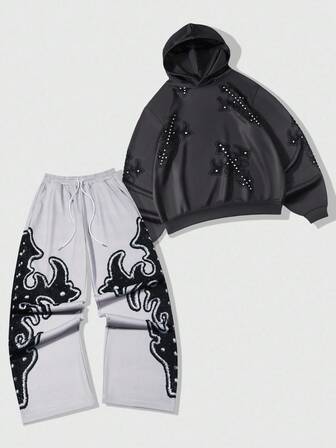 Street Life Herren Kreuz Hoodie und Relaxed Fit Hose Set, Herbstkleidung