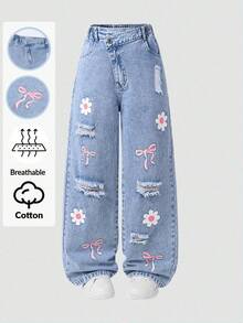 Sparklyn Tween Girls' Flare Leg Jeans, Retro Street Fashion Sweet & Cute Casual Daily School Style Recommended, Pink Bow + Floral Print Design Adorable & Playful, Distressed Details Add Street Flair, Elastic Waistband For Comfort, Asymmetric Waist Design, Loose Fit Flattering, Suitable For Outings, Dates, Beach Vacations, Daily School Looks, Or Hangouts With Friends Fall Winter