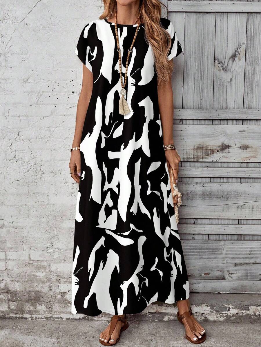 EMERY ROSE Casual Minimalist Geometric Pattern Versatile Round Neck Long Dress For Women, Spring/Summer Casual Maxi Dress,Casual - Black and White - View 1