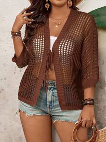 SHEIN VCAY 2025 Loose Hollow Out Knit Cover Up For Women, Lightweight, Casual Style, Summer Shawl In Fall/Winter - Chocolate Brown - View 6