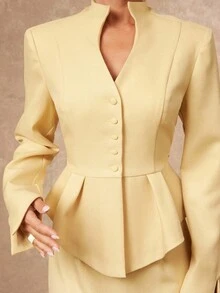 Lumalex Fall Winter Gathering Party Banquet Modest Old Money Coquette Glitter Holiday Party Rave Festival Outing Vacation Hot Outdoor Richly Layered Wedding Season Banquet Coming Of Age Ceremony Women's Solid Color Long Sleeve Single-Breasted Ruffle Hem Jacket And Straight Pencil Skirt Elegant Suit Set Blazer Dress For Women Butter Yellow Dress Skirt Suit Yellow Two Piece Set Luxury Prom Christmas New Year