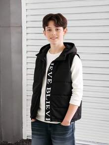 Teenage Boys Casual Letter Print Hooded Vest Padded Coat, Suitable For Daily Casual Wear And School, Autumn/Winter Fall - Black - View 3
