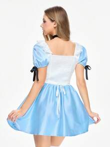 ROMWE Avant Trang phục hầu gái Alice ở xứ sở thần tiên dành cho nữ, váy ngắn tay bồng, nơ ruy băng, màu tương phản - Màu xanh lam - Xem 3