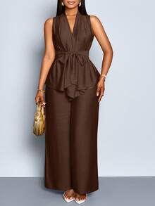 SOLERSUN Plus Size Solid Color Sleeveless Top And Wide Leg Pants 2 Pieces Set - Coffee Brown - View 4