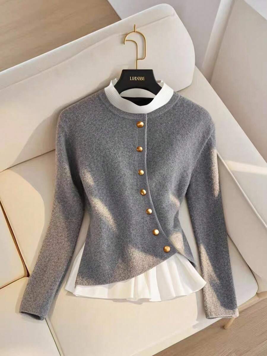 GlowEve Women's Elegant Contrast Trim Button Decor Long Sleeve Sweater, Autumn/Winter - Grey - View 1