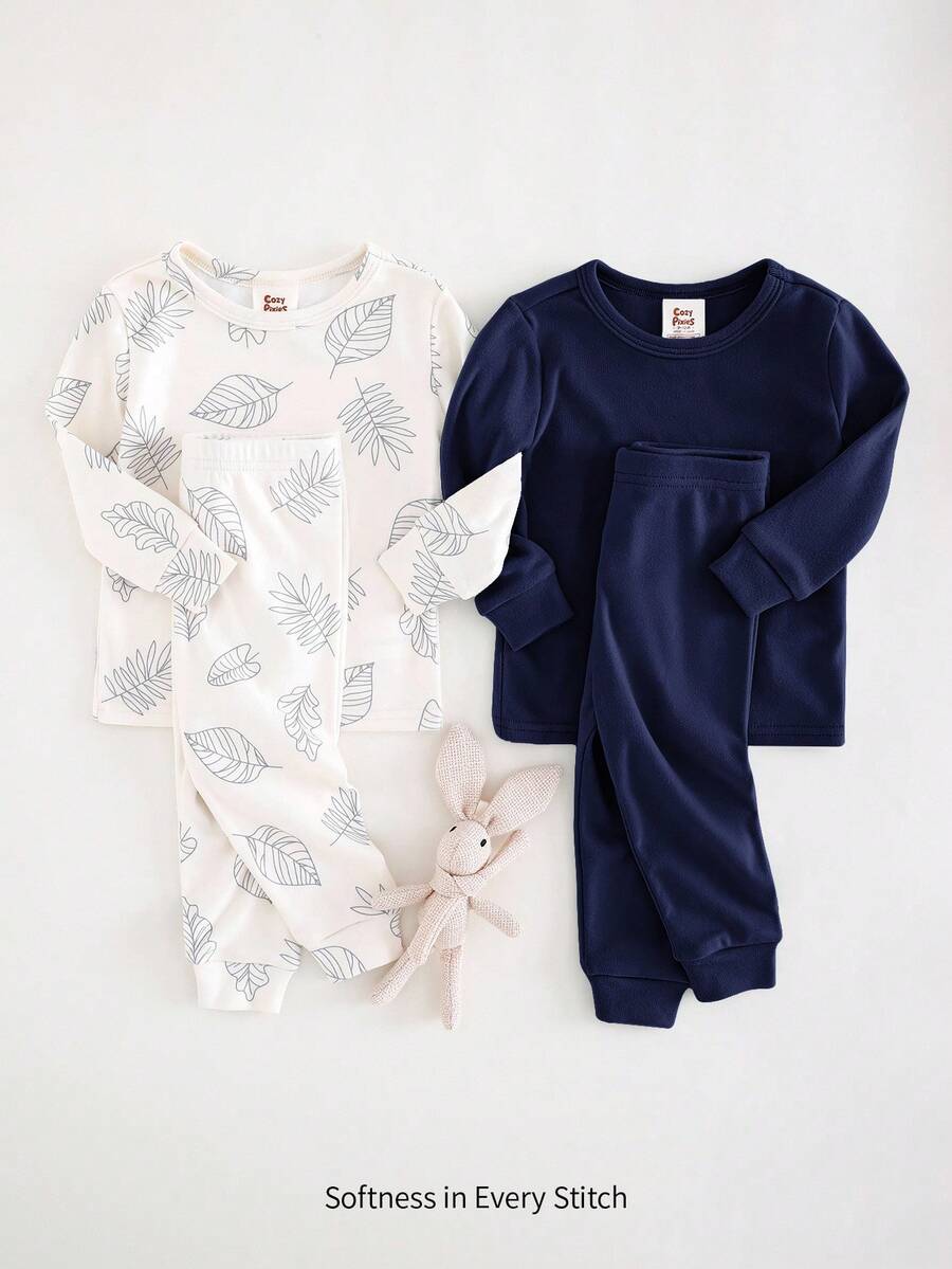 Cozy Pixies 4 pezzi Set pigiama aderente per bambino - Maglietta a girocollo a maniche lunghe e pantaloni lunghi in maglia morbida tinta unita, Maglietta a girocollo a maniche lunghe con stampa floreale e pantaloni lunghi in vita elastica