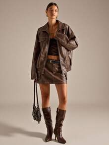 SHEIN BAE Chaqueta casual y oversize de unicolor para mujer para otoño/invierno, chaqueta de invierno para mujer, chaqueta burdeos, abrigos, chaqueta de PU casual, chaqueta oversize lavado premium marrón con detalle de costura