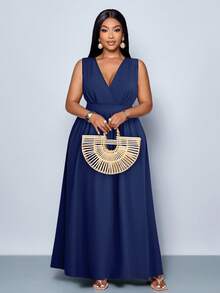 SOLERSUN 大码新款春夏时尚纯色交叉深V领长款休闲宽松A字连衣裙，四季简约服饰，休闲宽松长裙，日常通勤旅行海边度假休闲连衣裙 - 藏蓝色 - 查看 3