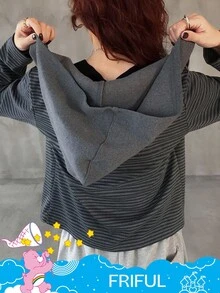 SHEIN X Care Bears FRIFUL Women's Striped Bear Pattern Zip-Up Hooded Long Sleeve T-Shirt - Grey - View 5