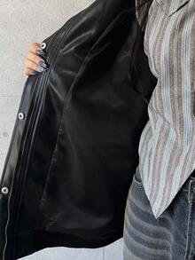 FRIFUL 女士纯色落肩长袖常规翻领宽松夹克，秋季皮夹克 - 黑色 - 查看 6
