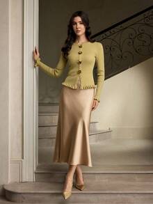 ZEYLAH Elegant French Style Women Sweater With Floral Lace 3D Decor - Gold - View 5