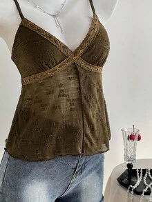 Comfortcana 女士优雅浪漫咖啡棕色刺绣吊带背心 - 咖啡棕 - 查看 6