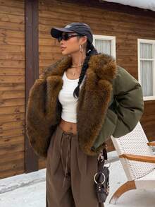 Muchica 绿色毛领女式休闲长袖棉服 - 軍綠色 - 查看 10