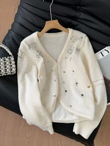 SHEIN Frenchy Women's Pearl & Rhinestone Embellished Long Sleeve Cardigan Autumn Winter Clothes For Women Casual - Apricot - View 5