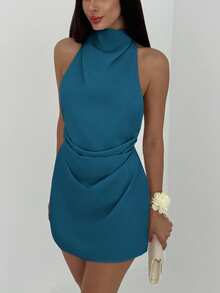 Aloruh 女士极简主义露背系带褶皱迷你杏色连衣裙