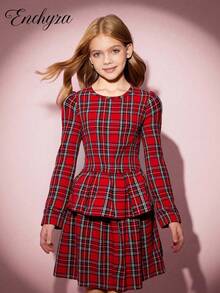 Tween Girl Adolescent Plaid Round Neck Long Sleeve Dress - Red - View 9
