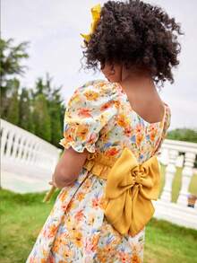 Joliand Joliand فستان أنيق ذو أكمام منفوخة بطراز زهري وفيونكة كبيرة للفتيات الصغيرات، مناسب للتجمعات، والخروجات، والزفاف، والحفلات، الصيف - متعدد الألوان - مشاهدة 7