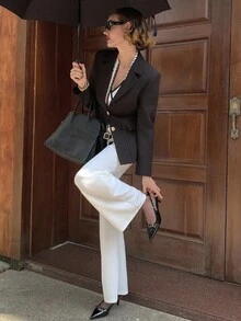 Briarwyn 女士纯色翻领长袖腰部修身优雅西装外套 - 黑色 - 查看 10