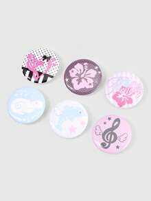 ROMWE Kawaii 6pcs Anime Badges With Flower, Wings, Music Notes, Polka Dots, And Stars Design