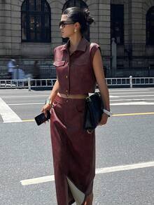 DAZY Bộ 2 món áo không tay và chân váy có túi bằng da PU dành cho nữ, Thu/Đông Y2K - Màu Đỏ Sâu - Xem 4