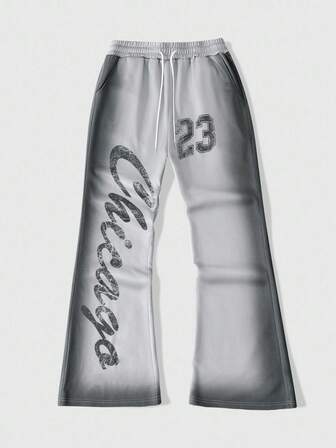 Prep Pantalones de chándal de pierna ancha con cordón en la cintura, estampado de letras y números degradado para hombres