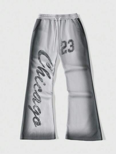 Prep Pantalones de chándal de pierna ancha con cordón en la cintura, estampado de letras y números degradado para hombres