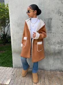 SHEIN 少女纯色短款加绒双口袋保暖中长连帽休闲外套，秋冬外套，少女抓绒外套，彼得潘风格 - 棕色 - 查看 6