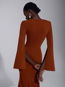 Elitara Váy dạ hội trang trọng đuôi cá thiết kế hở vai, tay loe, xẻ tà, chất liệu kim loại thủ công màu đỏ nâu sang trọng và thanh lịch dành cho nữ - màu nâu - Xem 7