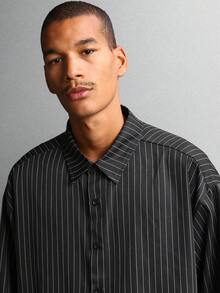 SUMWON Oversized Business Casual Pinstripe Long Sleeve Button Down Shirt Classic Professional Office Wear Regular Length Menswear Plain - Black - View 3