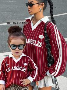 SHEIN Babygirl 可爱运动休闲条纹红色字母图案长袖运动衫 - 紅色 - 查看 1