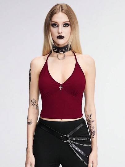 Goth Camiseta de tirantes con cuello de halter y decoración de cruz, estilo gótico, color borgoña