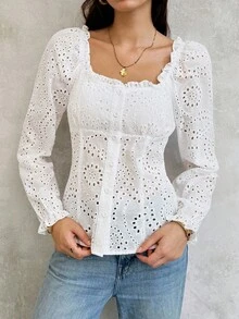 SHEIN Unity 女士休闲长袖纯色方领腰部收腰纽扣设计衬衫 - 白色 - 查看 5