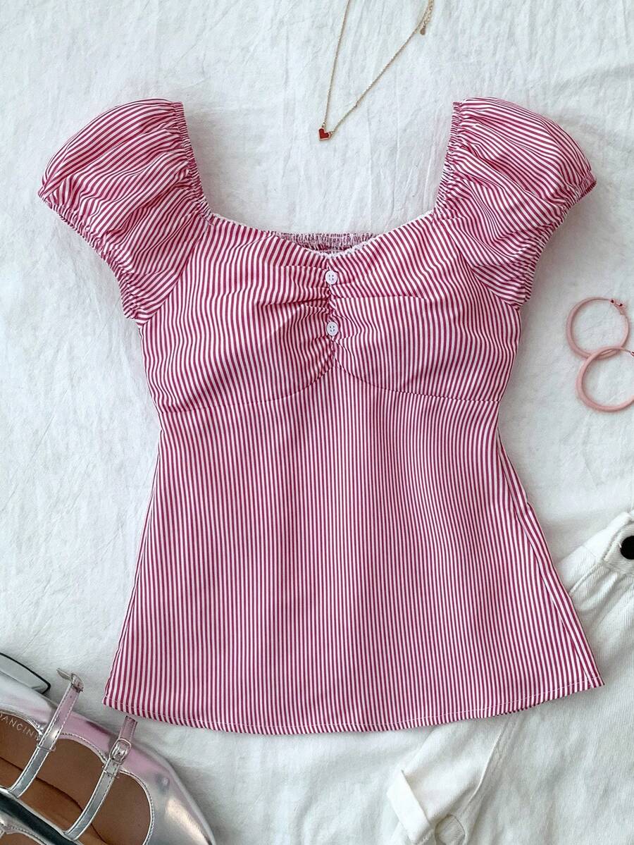 SHEIN Camisa informal minimalista y cómoda con tirantes a cuadros para niña preadolescente - Rojo y blanco - Ver 1