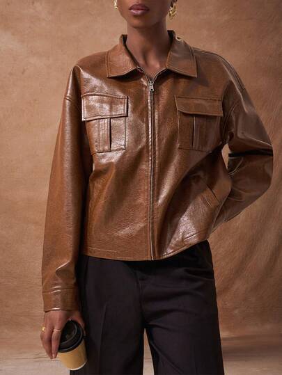 Zivah Chaqueta de manga larga con cuello, bolsillos en el pecho, bolsillos laterales con cremallera y aberturas en las mangas, de PU marrón, versátil y elegante para uso casual, de vacaciones, de oficina o de viaje, ideal para principios de otoño, nueva llegada 2025