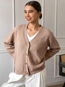 DAZY Women's Casual V-Neck Cardigan, Solid Color, Autumn Long Sleeve Tops - Khaki - View 5
