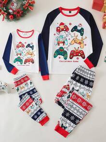 男士圣诞与游戏元素睡衣套装，以圣诞红和流行的海军蓝为主色调，辅以圣诞驯鹿、圣诞老人和雪人元素，面料柔软，非常适合圣诞节家庭时光和家居服、秋季服装 - 彩色 - 查看 5