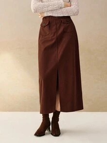 Cévolie 女装秋冬新款法式通勤时尚灯芯绒高腰直筒开叉半身裙 - 鏽棕色 - 查看 4