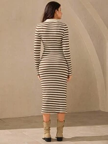 Wildy 休闲美式街头风格 Polo 领紧身长条纹连衣裙，棕色 - 黑與白 - 查看 6