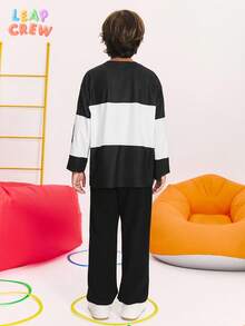 SHEIN Tween-Mädchen Street Oversized V-Ausschnitt Speed Logo Farbblock Langarm-T-Shirt und Jogginghose Set, geeignet für Straße, Sport, Herbst/Winter, Urlaub, Sommer, Reisen - Schwarz - Übersicht 8