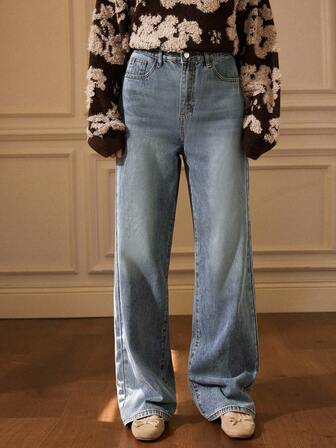 Écloséra 女款簡約日常純色按鈕裝飾牛仔褲