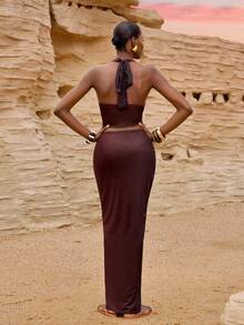 Zivah Summer Vacation Holiday Brown Stripe 2 Pieces Set,Seksi Chic Draped Neck Tie-Up Top & Ruched Long Slit Skirt,Tie-Dye Ombre Print 's Wear - Brown - View 2