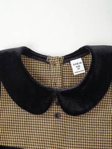 PrepCrw 1 件年轻女孩优雅学院风休闲都市可爱黑领黑黄千鸟格无袖连衣裙，适合外出、聚会、返校、秋冬 - 彩色 - 查看 5