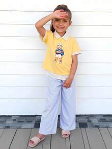 Joliand Joliand 1 件年轻女孩优雅城市学院风格可爱狗狗装饰蓝白条纹宽松裤，适合聚会、旅行、返校、派对、夏季和秋季 - 藍白色 - 查看 8