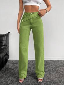 EURMUSE Ladies' Solid Straight-Leg Jeans - Army Green - View 3